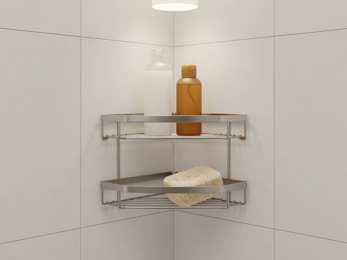 Soft-lit 3D render of a stainless steel corner shower caddy holding bottles and a sponge on a tiled wall