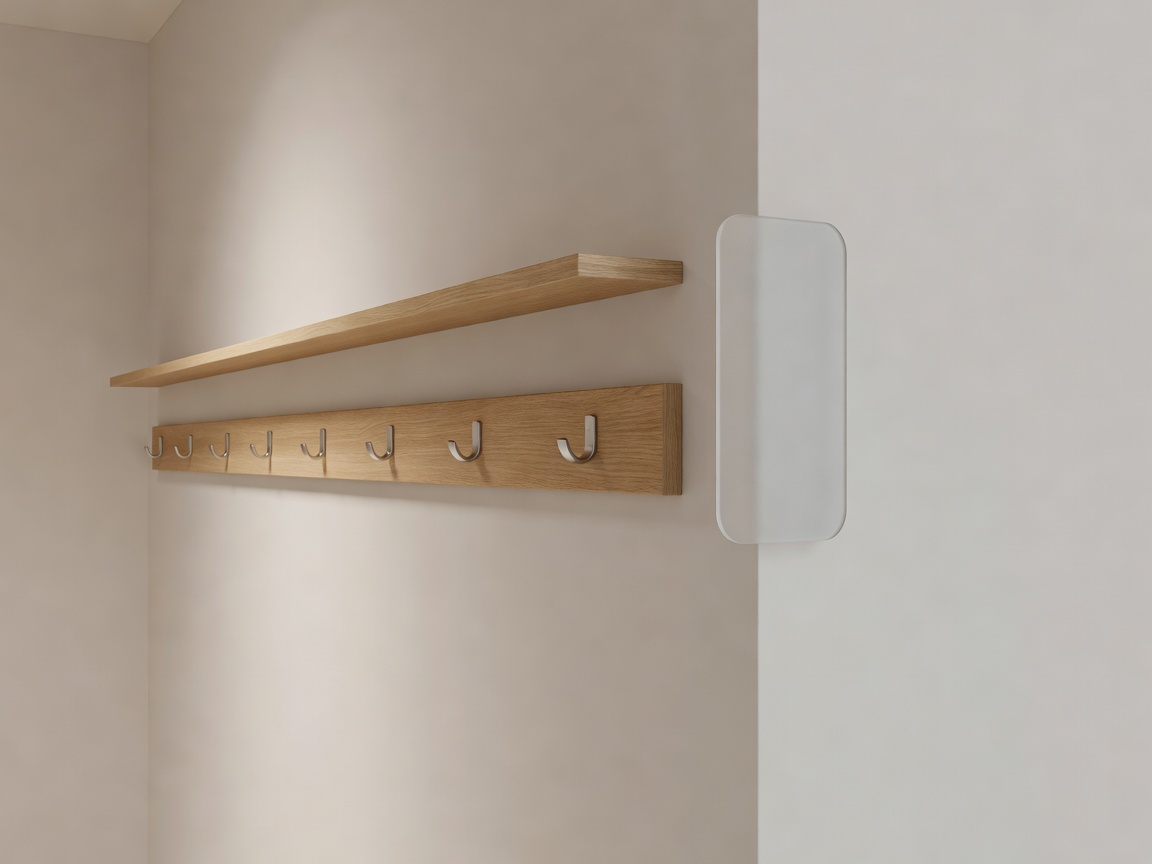 Soft-lit 3D render of a narrow hallway wall with a hook rail, a slim shelf and a protective edge guard on an outside corner