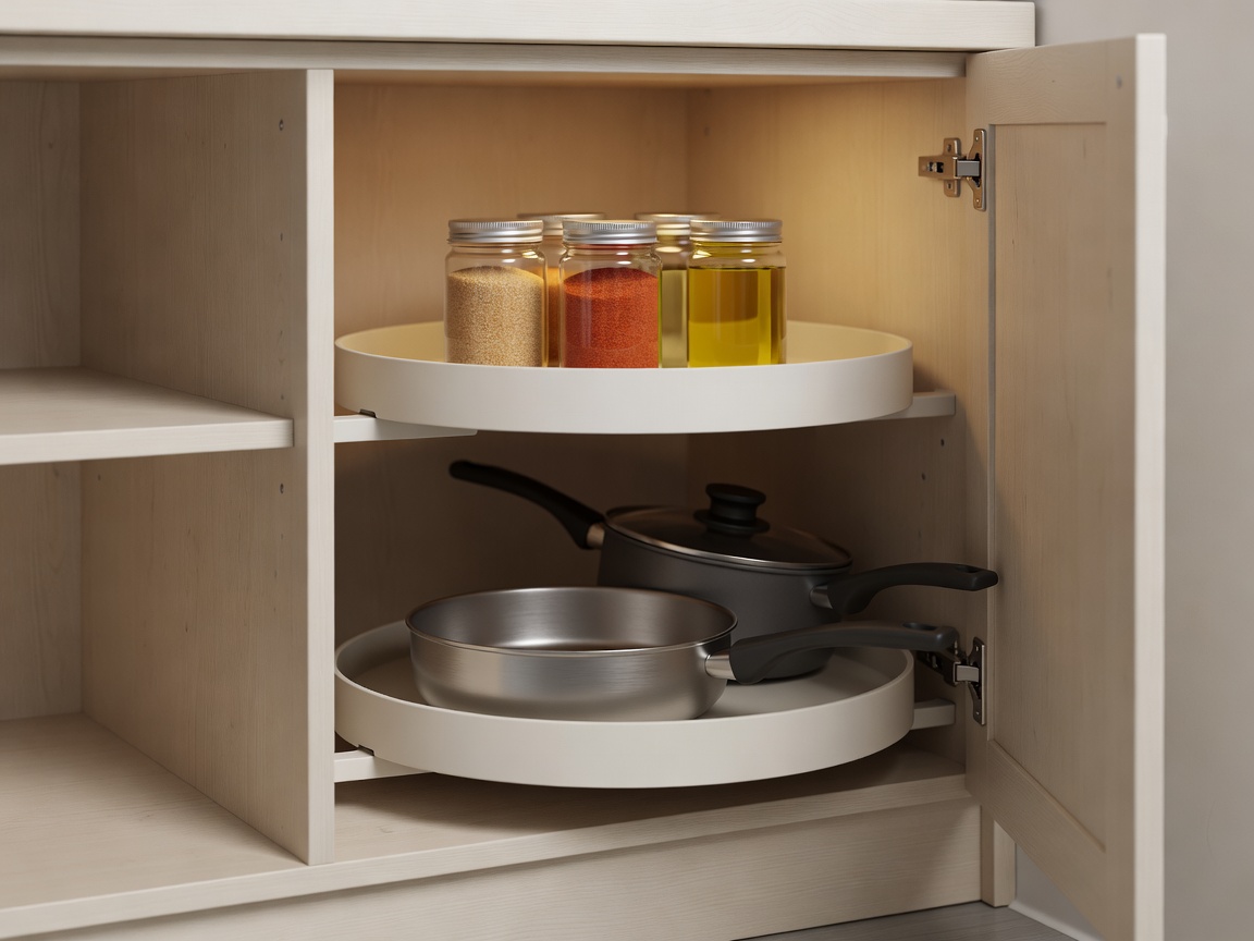 Soft-lit 3D render of a two-tier rotating tray inside an open kitchen corner cupboard holding jars and pans
