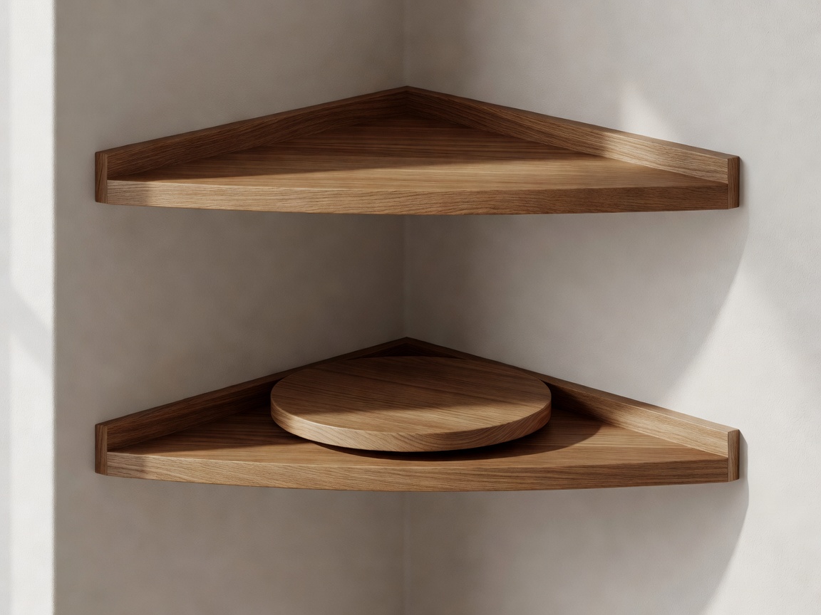 Soft-lit 3D render of two oak triangular shelves fixed into an inside corner above a rotating tray
